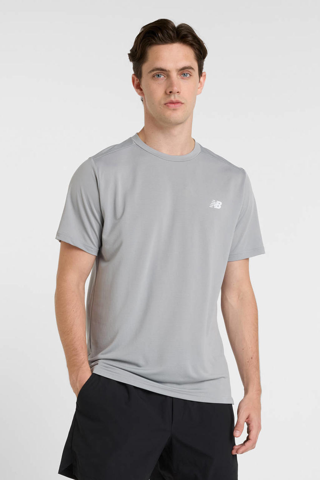 Grijze heren New Balance sportshirt van katoen met korte mouwen en ronde hals