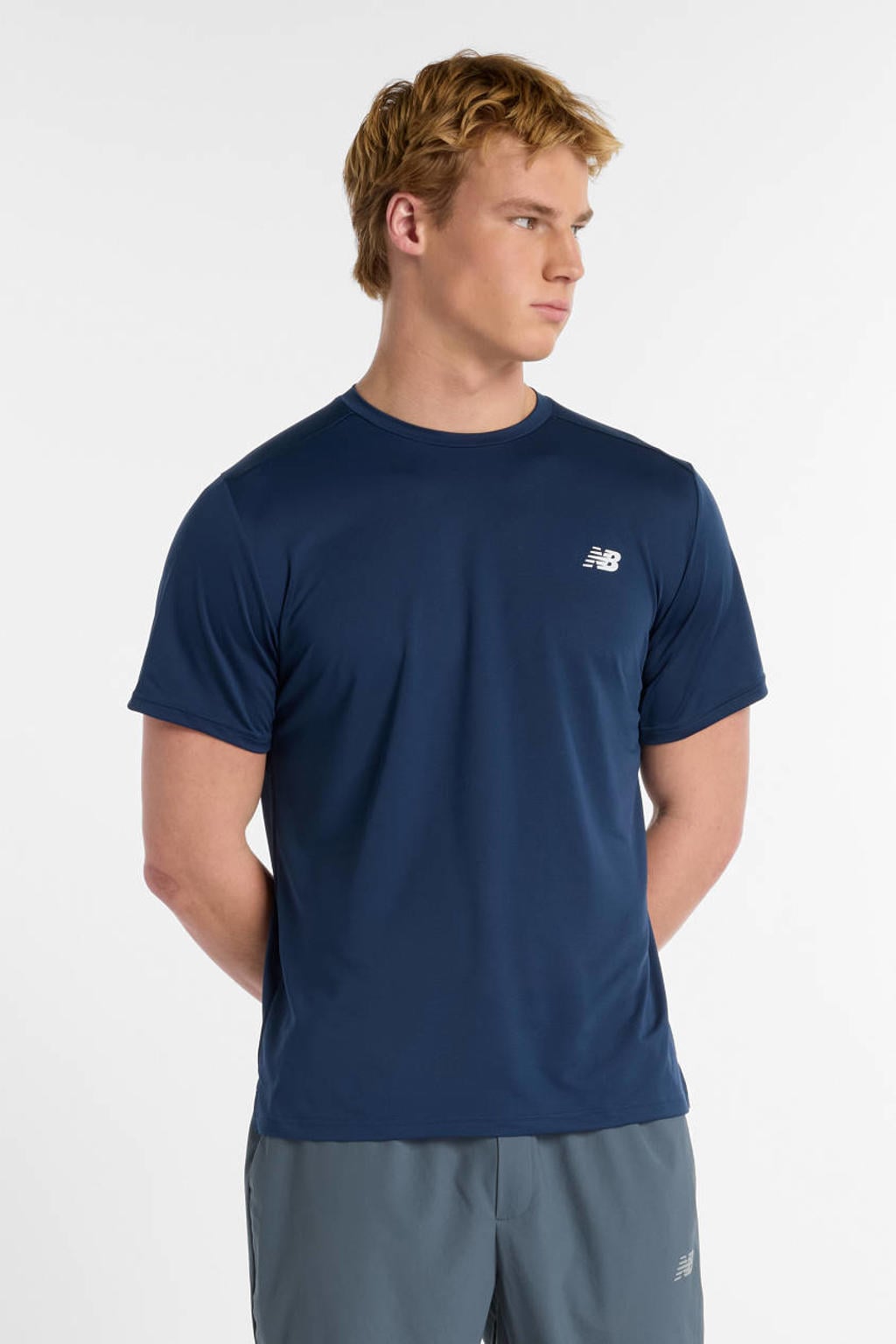 Donkerblauwe heren New Balance sportshirt van katoen met korte mouwen en ronde hals
