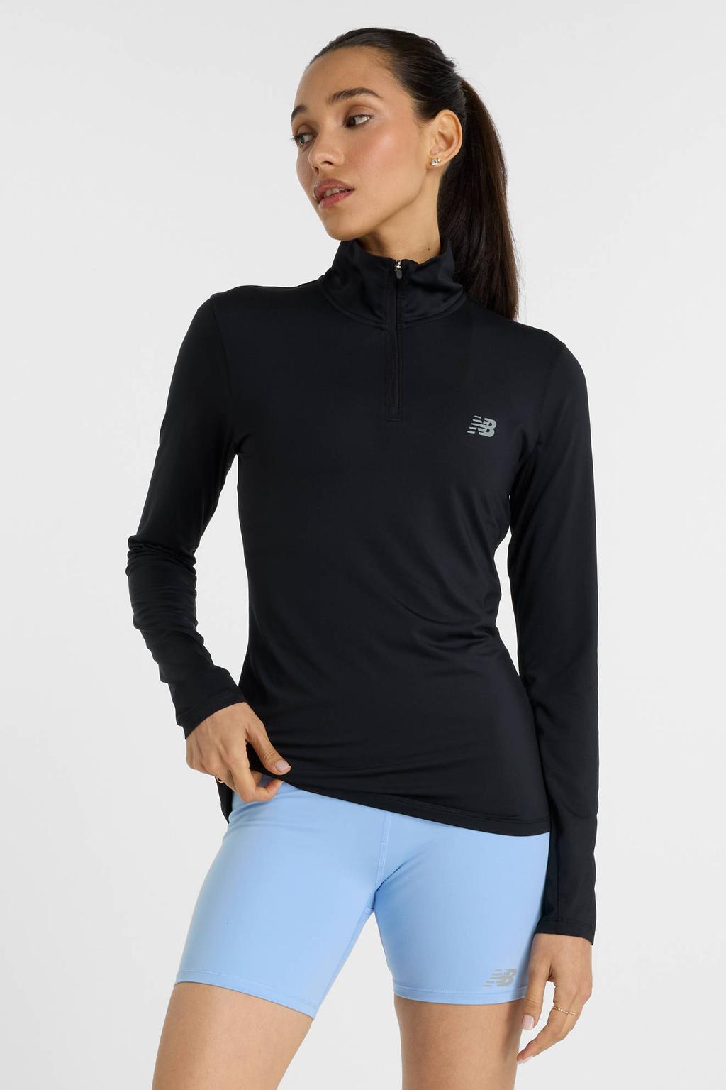 Zwarte dames New Balance sportsweater van polyester met lange mouwen en opstaande kraag