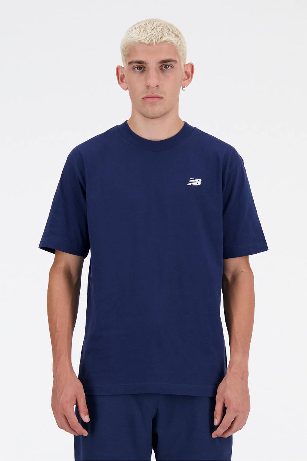 Donkerblauwe heren New Balance T-shirt van katoen met logo dessin, korte mouwen en ronde hals