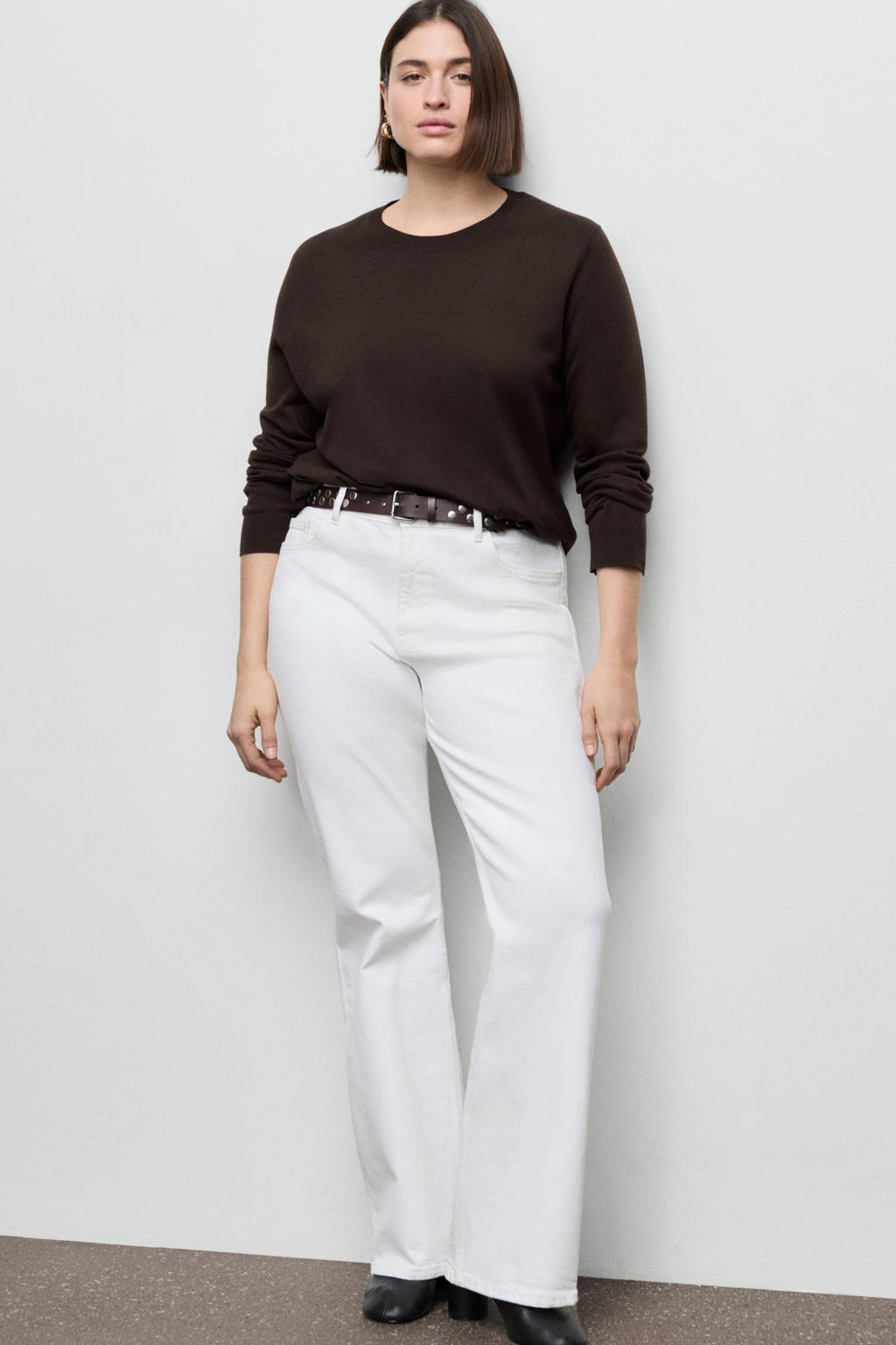 Donkerblauwe dames Mango sweater van viscose met effen, lange mouwen en ronde hals