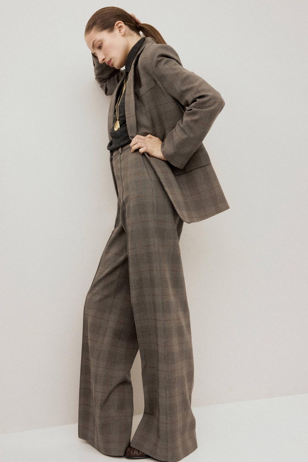Grijsbruine dames Mango straight high waist geruite broek bruin van polyester met rits, haak- en knoopsluiting
