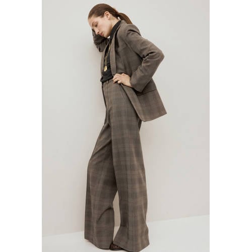 Mango Straight high waist geruite broek grijsbruin afbeelding