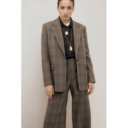 Mango Straight high waist geruite broek grijsbruin afbeelding