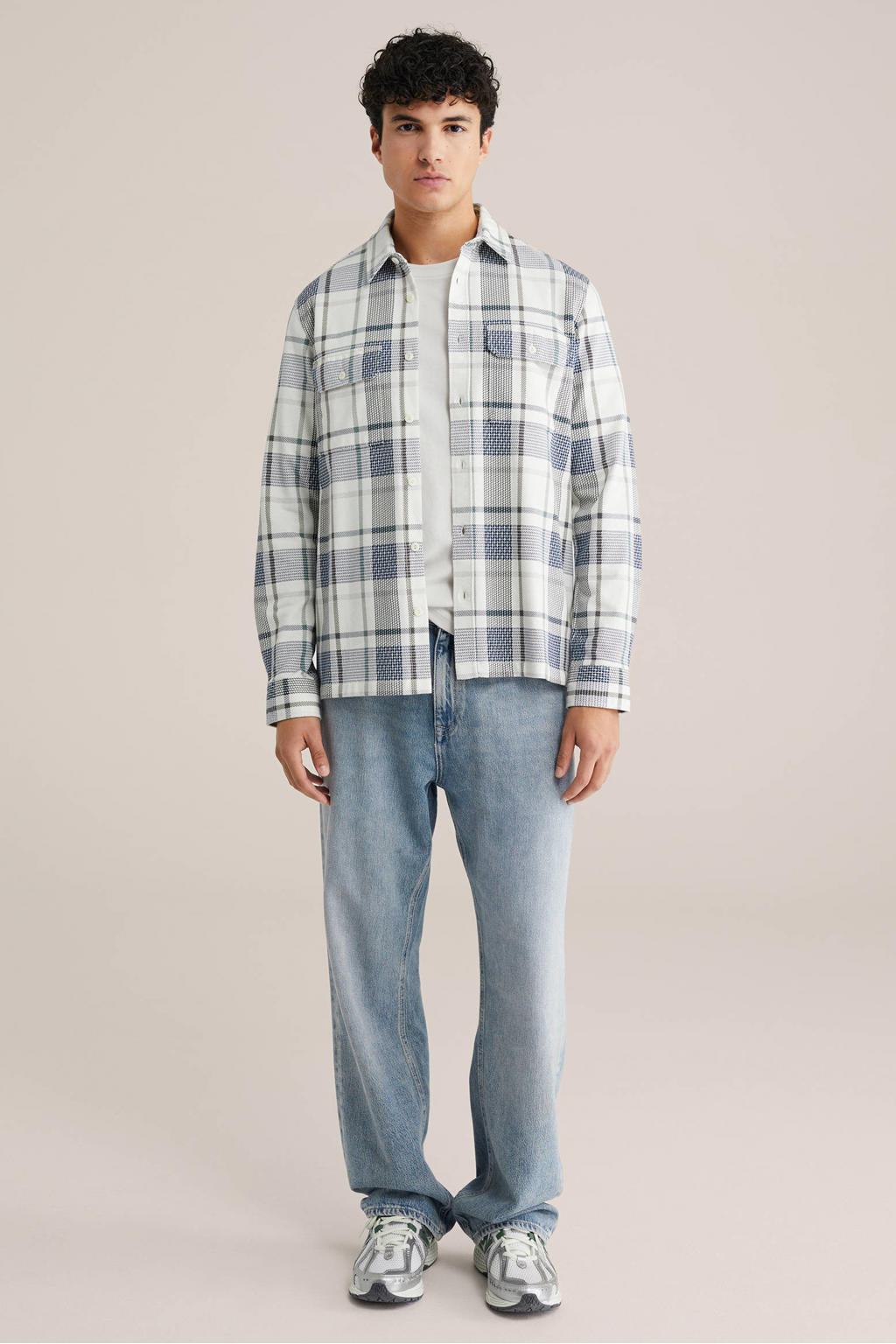 Blauwe heren WE Fashion geruit overshirt van katoen met lange mouwen, klassieke kraag en knoopsluiting