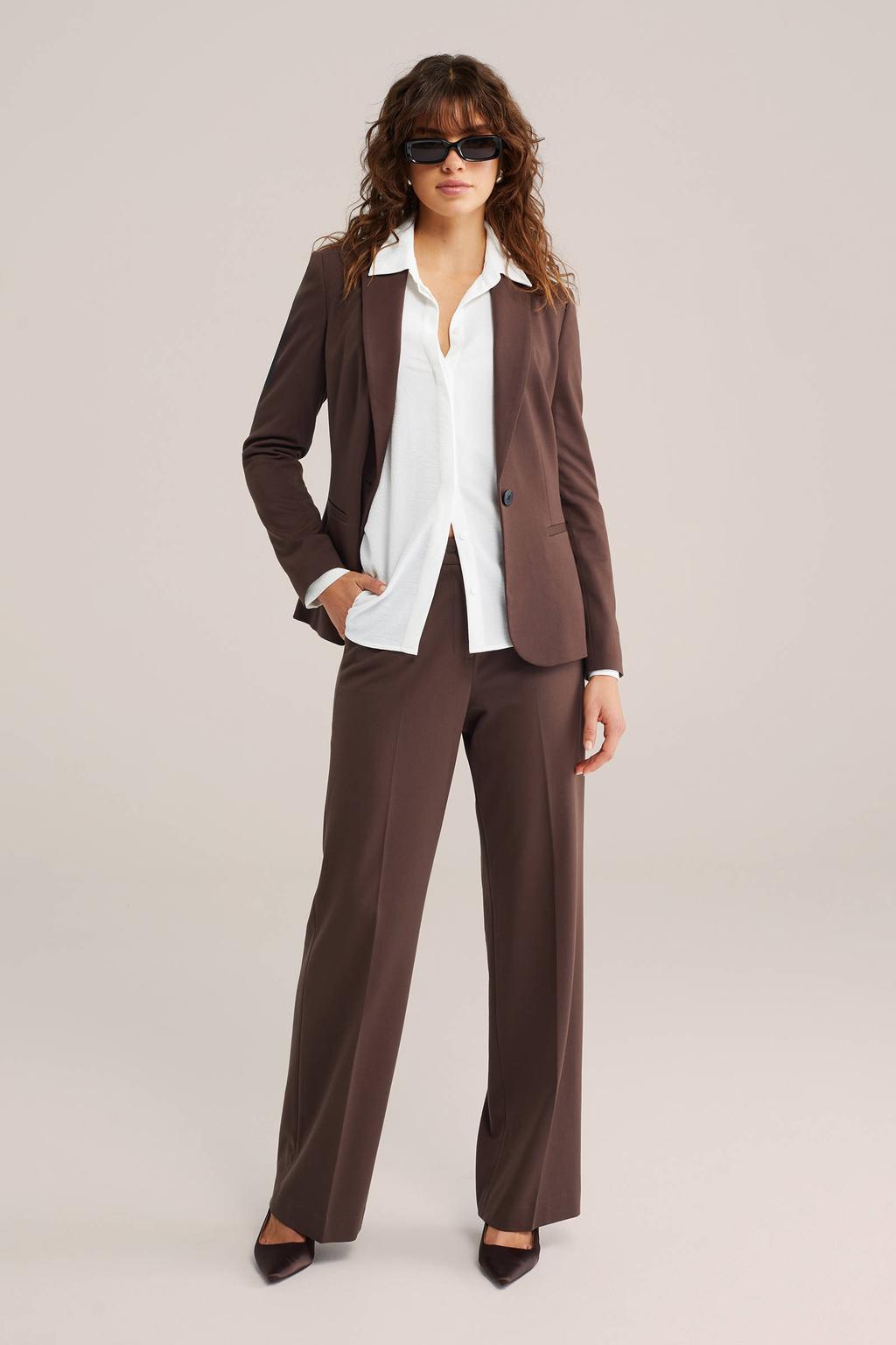 Donkerblauwe dames WE Fashion jersey high waist pantalon van viscose met loose fit, rits- en knoopsluiting en effen