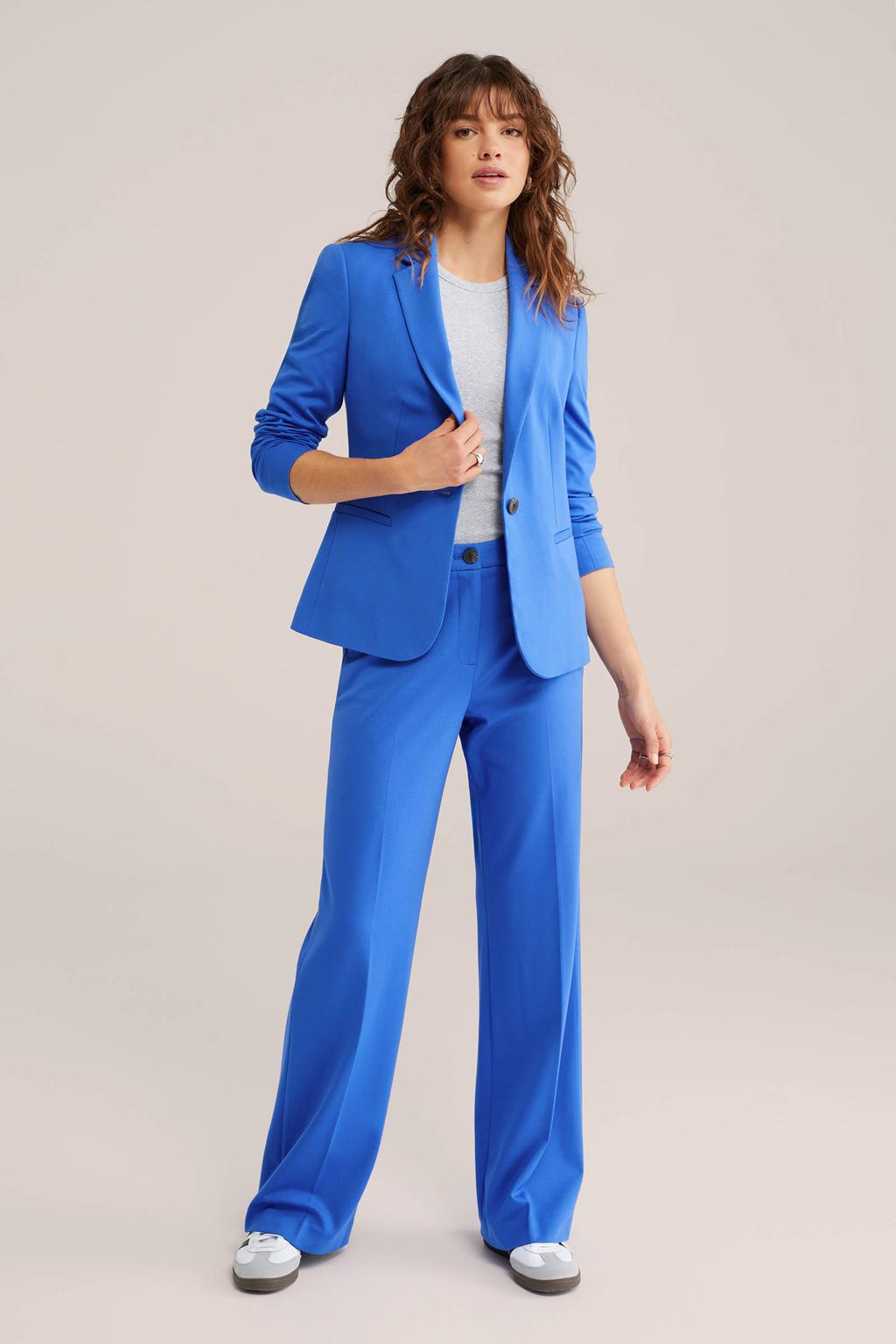 Blauwe dames WE Fashion jersey high waist pantalon van viscose met loose fit, rits- en knoopsluiting en effen