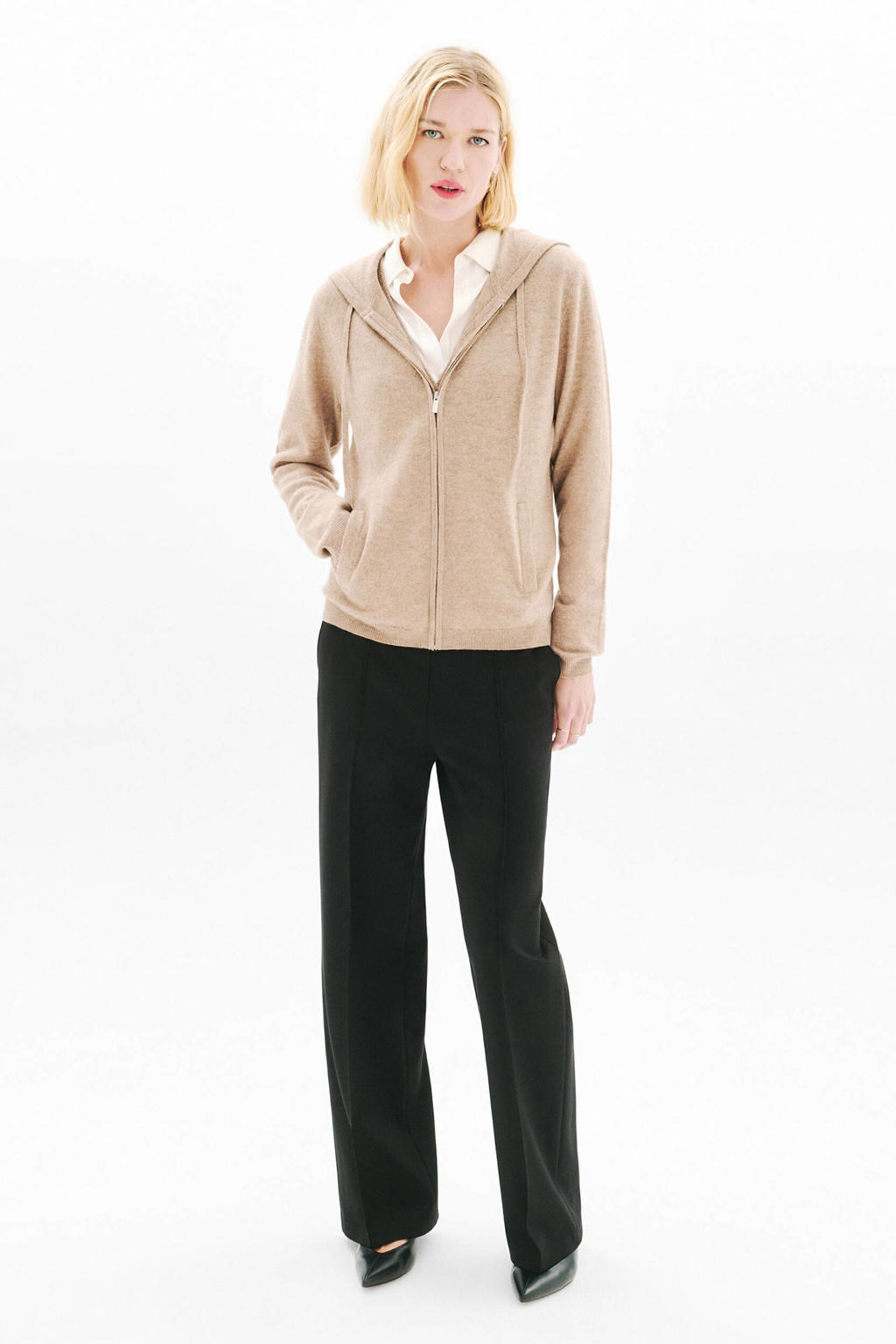 Lichtbruine dames Caroll sweatvest met effen, lange mouwen, capuchon en ritssluiting
