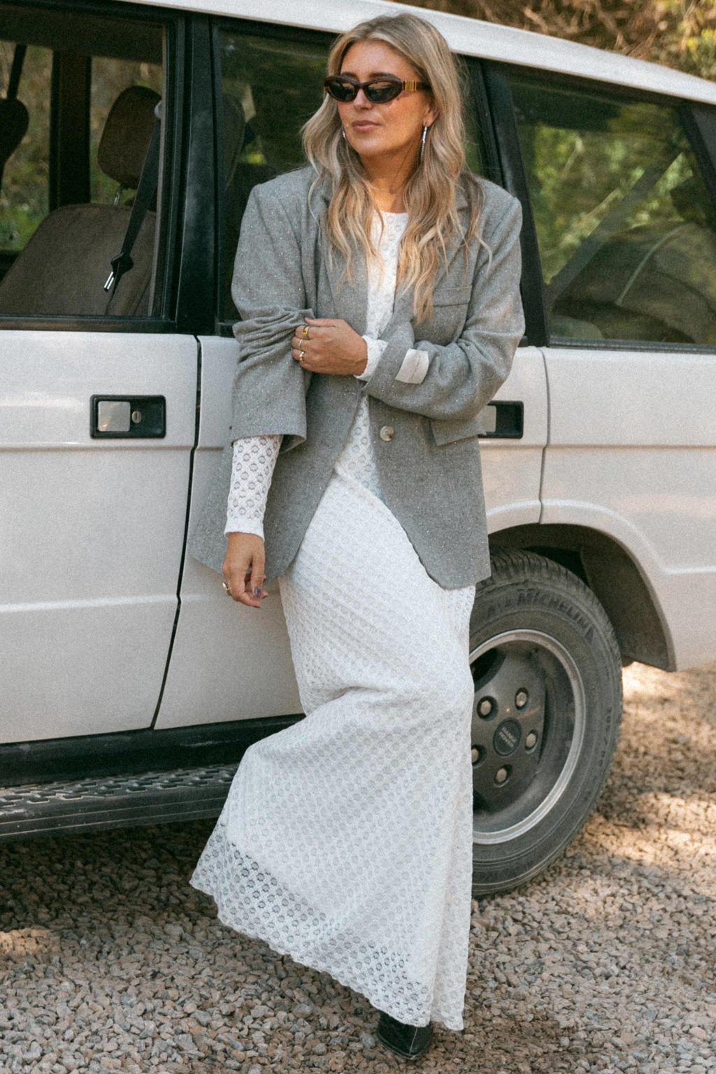Grijze dames Bolina Island x Florine Hofstee oversized blazer met melée print, lange mouwen, reverskraag, knoopsluiting en 3D applicatie