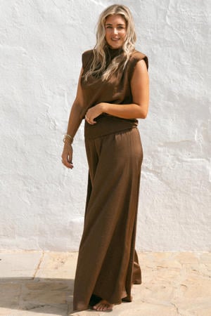 satijnen wide leg broek donkerbruin