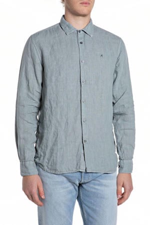 linnen regular casual overhemd grijsblauw