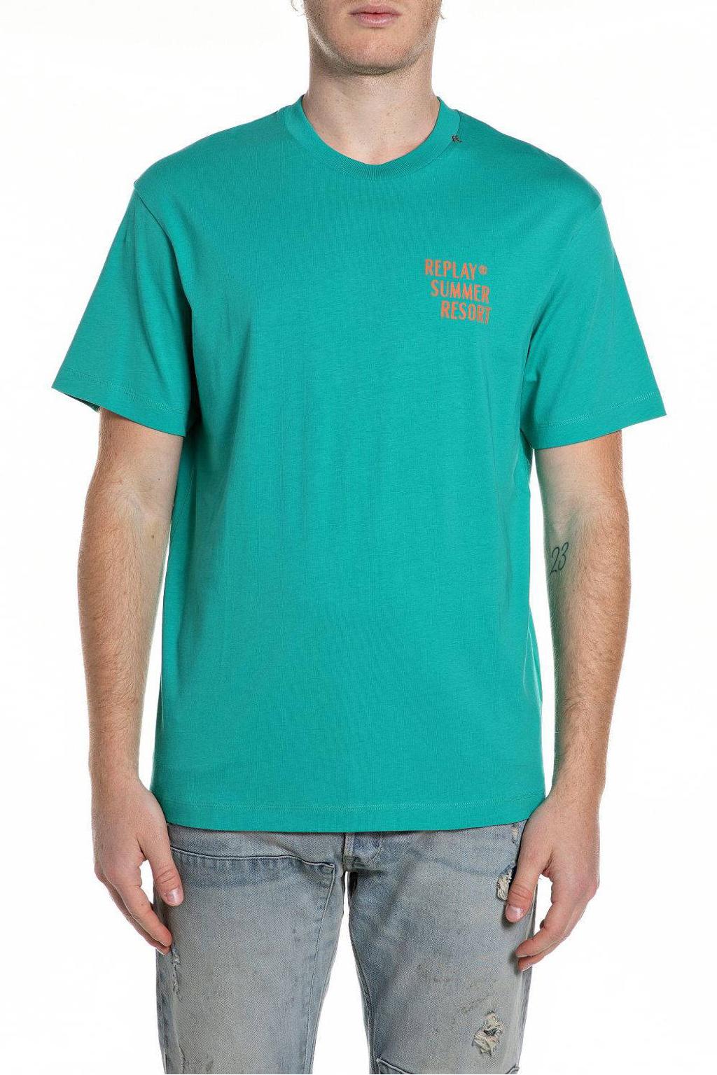 Turquoise heren REPLAY regular T-shirt van katoen met backprint, korte mouwen en ronde hals