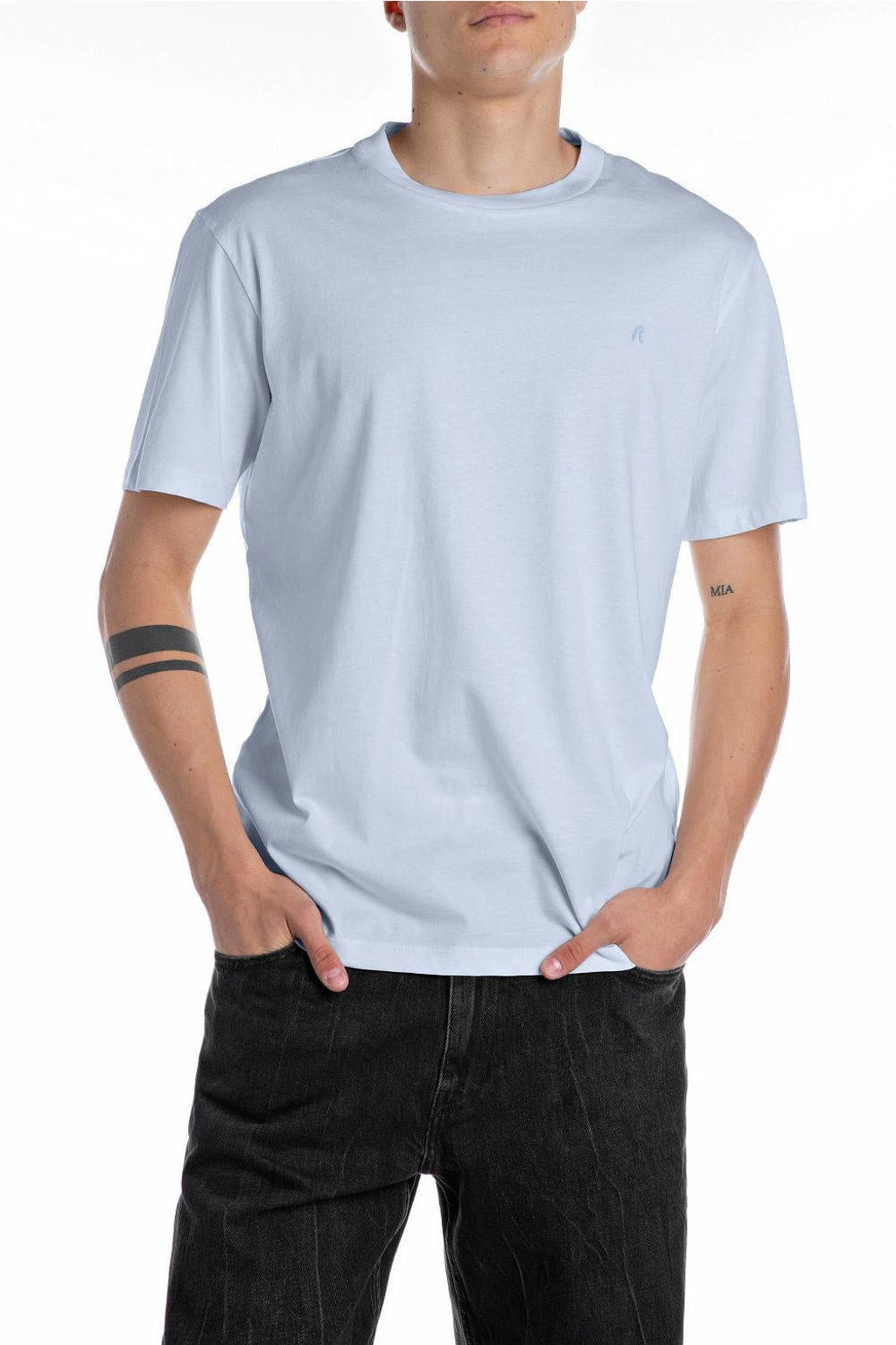 Lichtblauwe heren REPLAY T-shirt van katoen met effen, korte mouwen en ronde hals