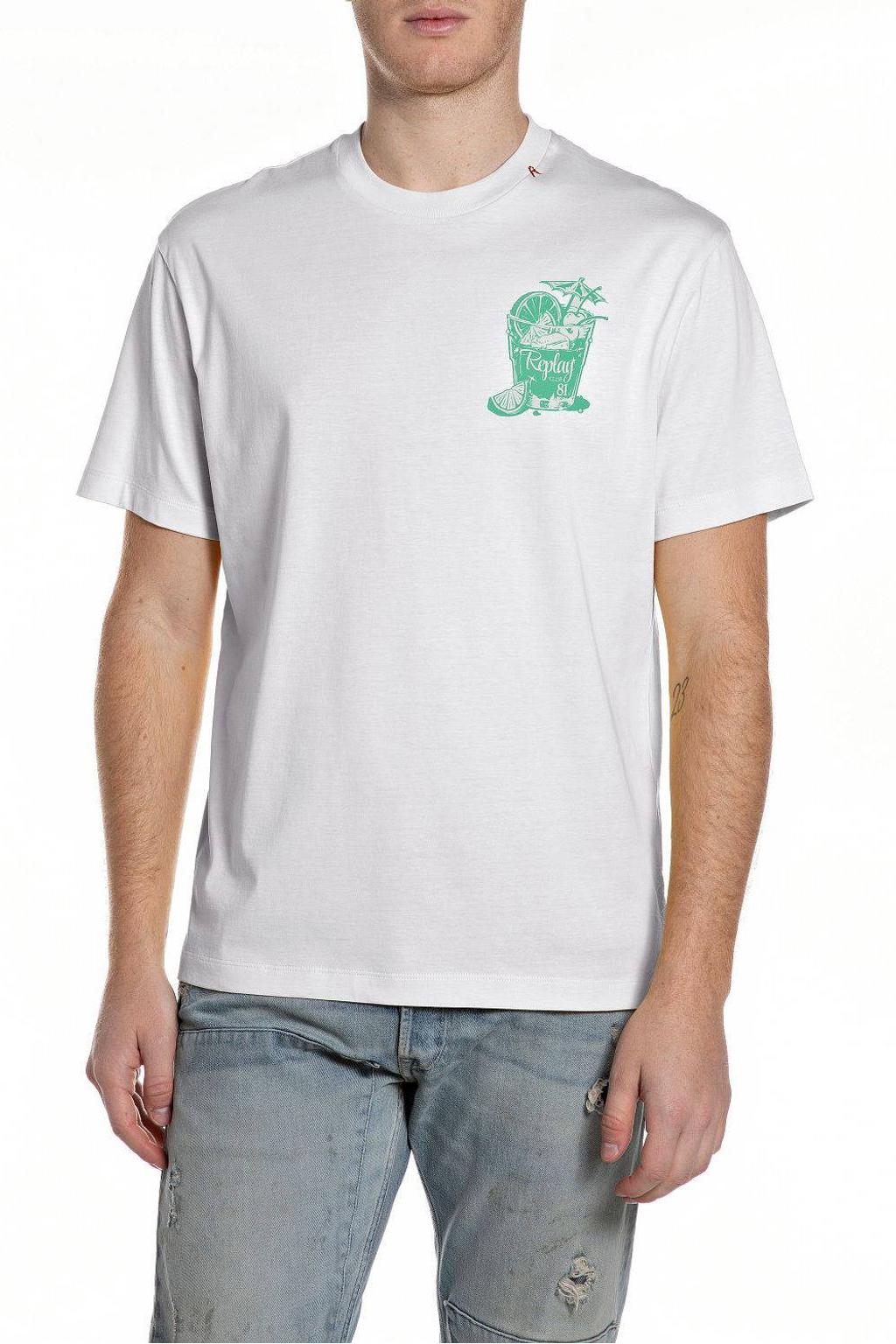 Witte heren REPLAY regular T-shirt van katoen met printopdruk, korte mouwen en ronde hals