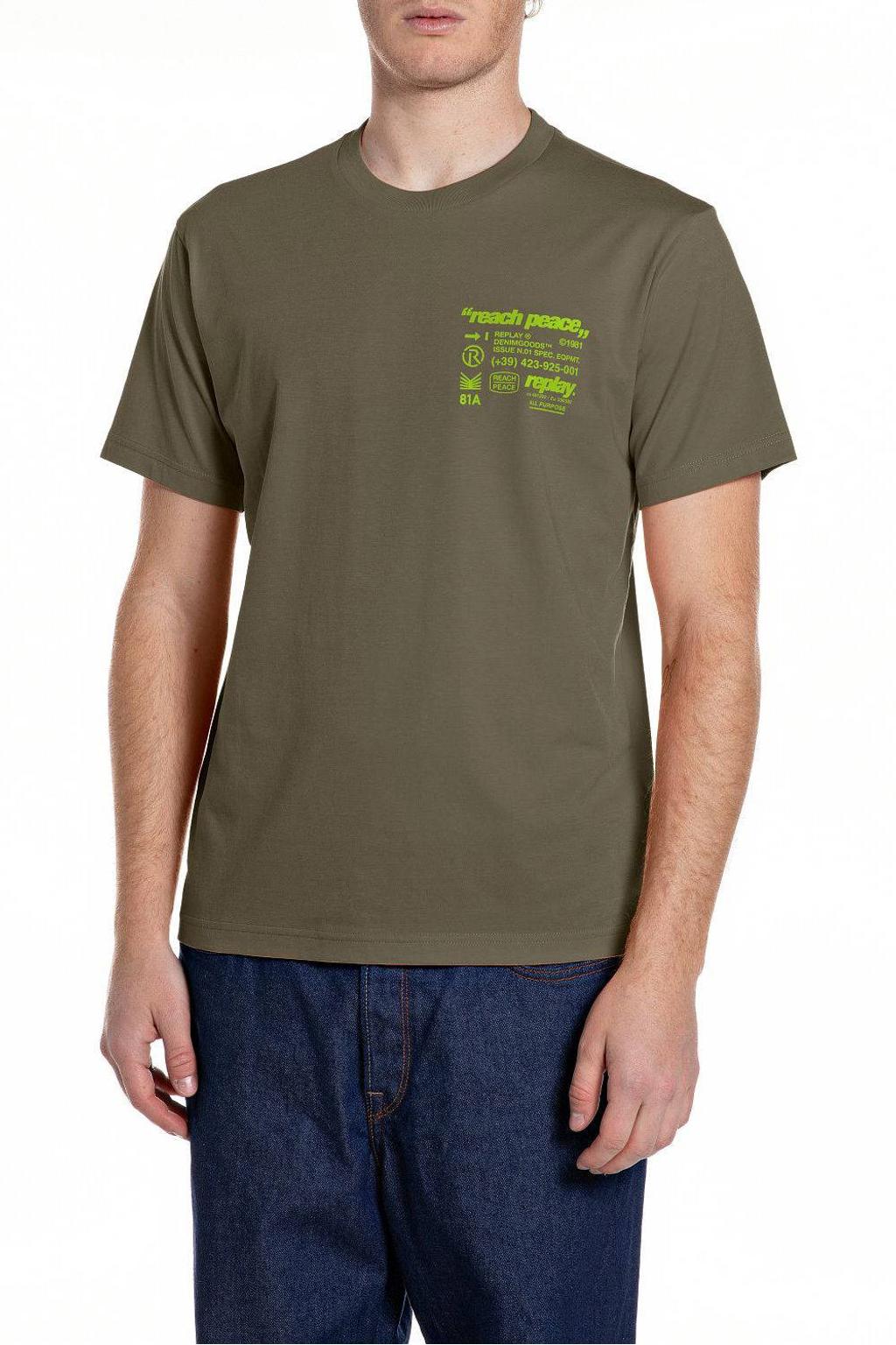 Donkergroene heren REPLAY regular T-shirt van katoen met backprint, korte mouwen en ronde hals