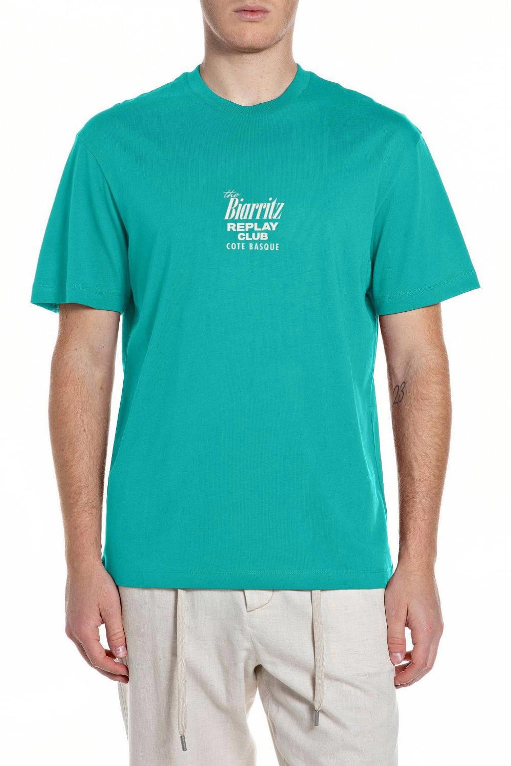Groene heren REPLAY regular T-shirt van katoen met backprint, korte mouwen en ronde hals