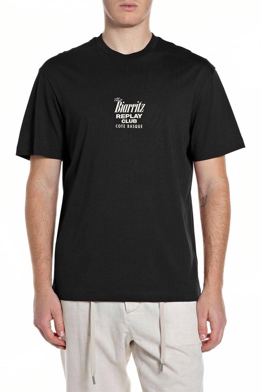Zwarte heren REPLAY regular T-shirt van katoen met backprint, korte mouwen en ronde hals