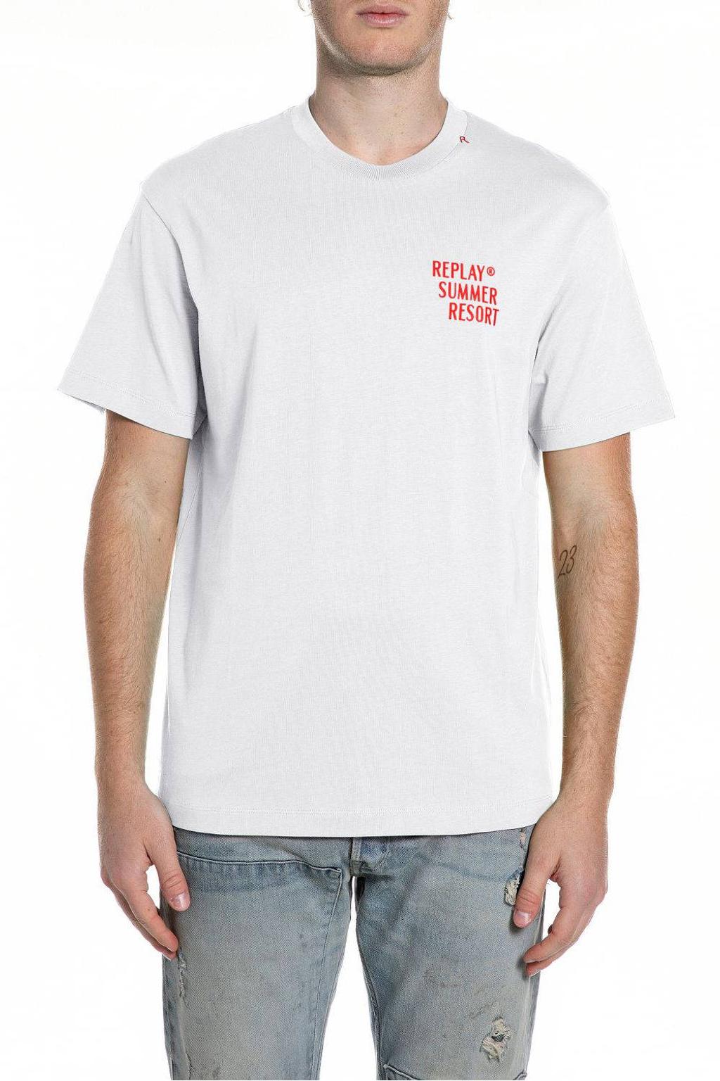 Witte heren REPLAY regular T-shirt van katoen met backprint, korte mouwen en ronde hals