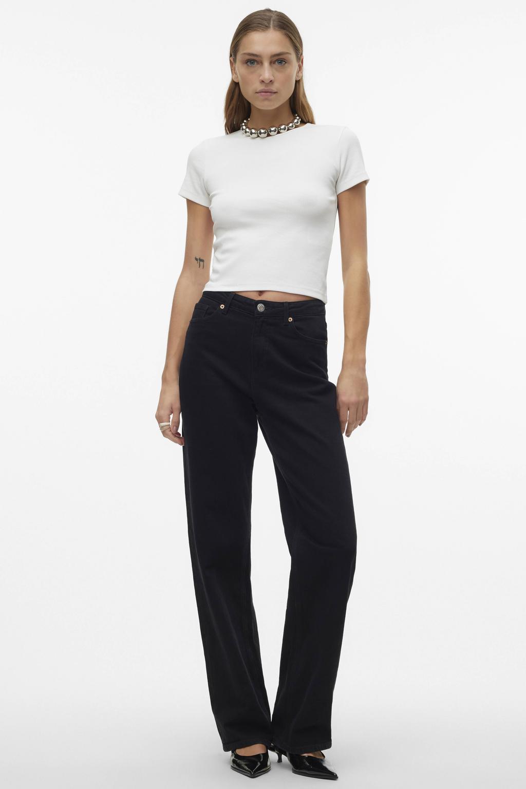 Witte dames VERO MODA jersey T-shirt met effen, korte mouwen en ronde hals