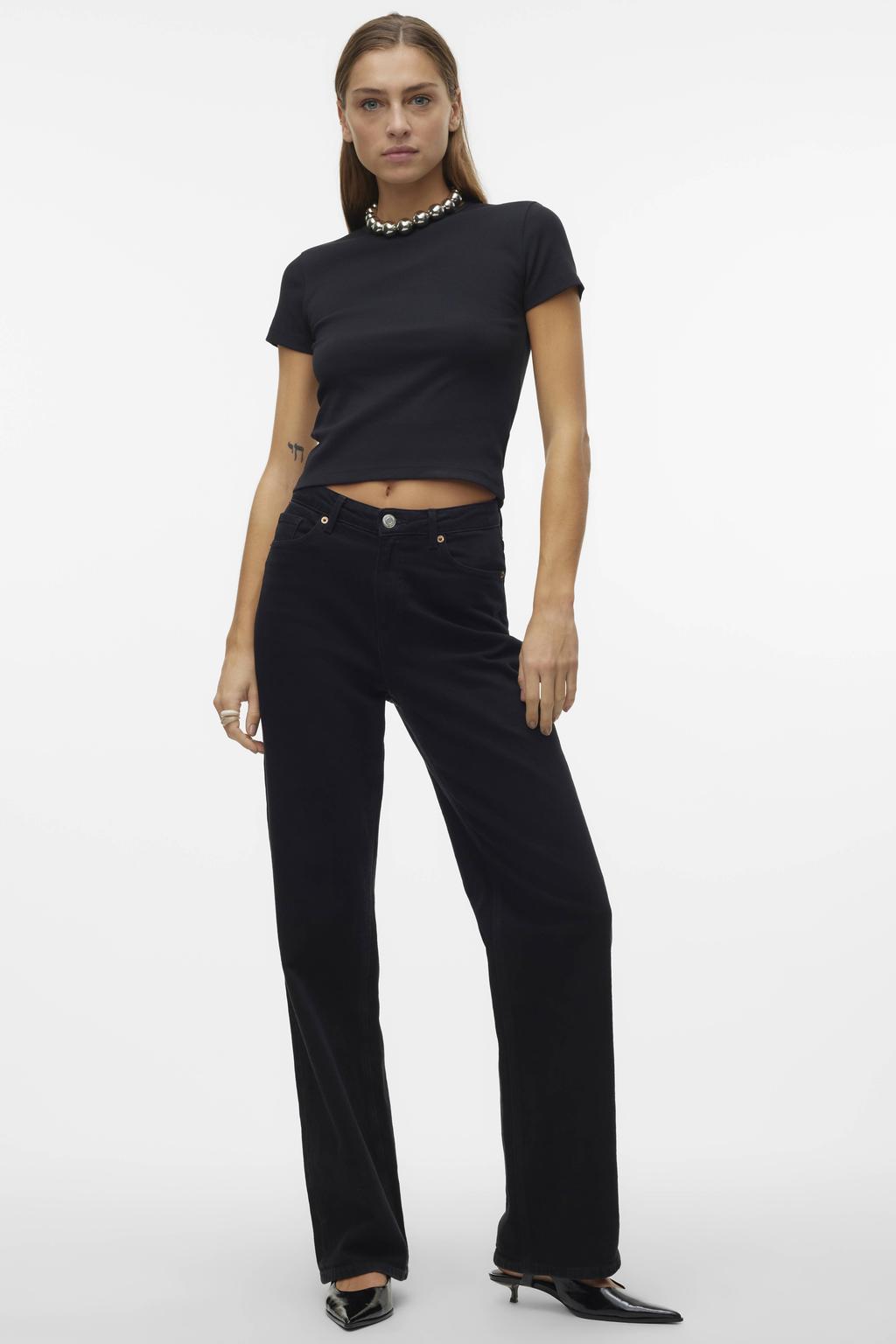 Zwarte dames VERO MODA jersey T-shirt met effen, korte mouwen en ronde hals