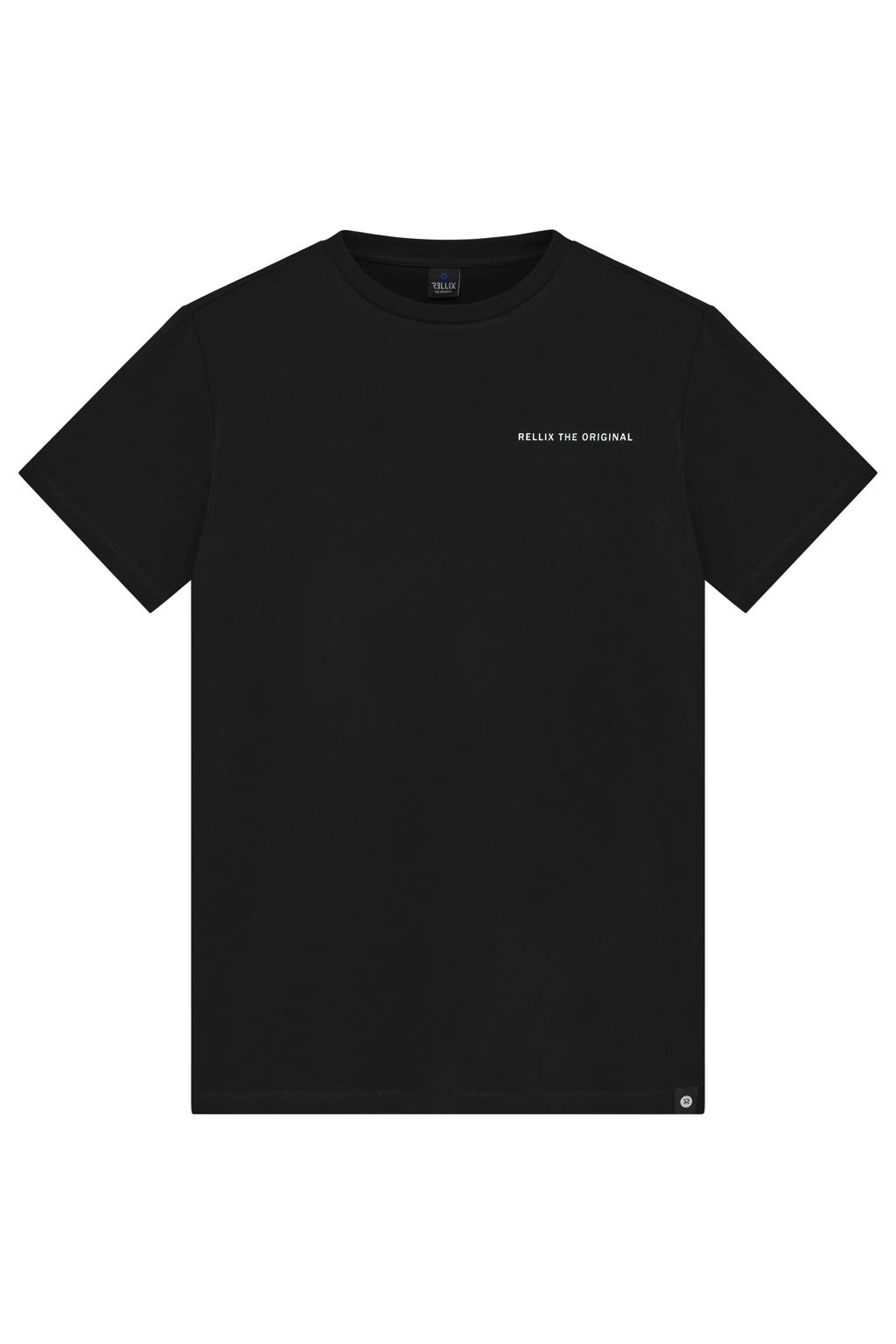Zwarte jongens Rellix T-shirt van stretchkatoen met backprint, korte mouwen en ronde hals