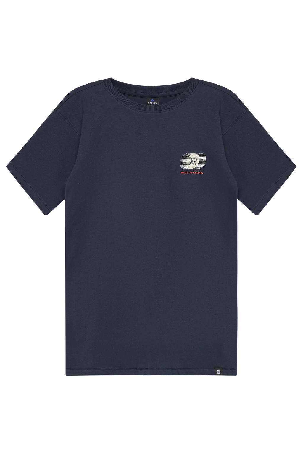 Donkerblauwe jongens Rellix T-shirt van stretchkatoen met backprint, korte mouwen en ronde hals