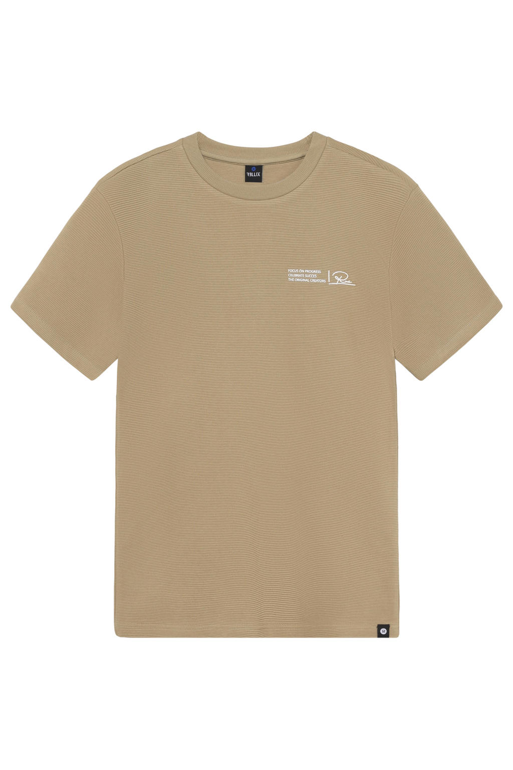 Zandkleurige jongens Rellix T-shirt van stretchkatoen met backprint, korte mouwen, ronde hals en textuur
