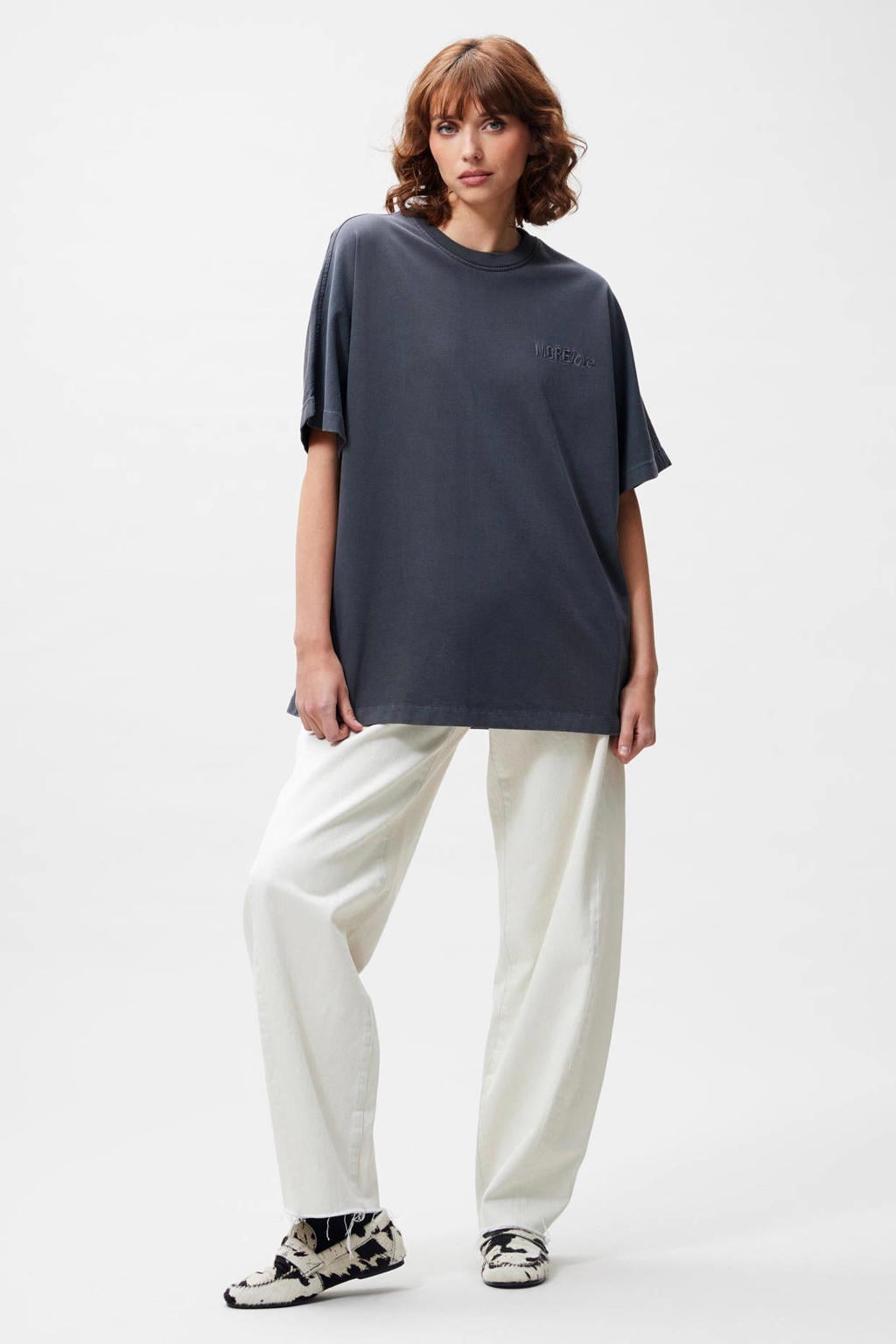 Grijs en witte dames Catwalk Junkie T-shirt van katoen met backprint, korte mouwen en ronde hals