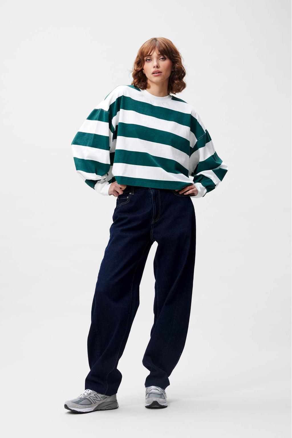 Wit en groene dames Catwalk Junkie gestreepte top met lange mouwen en ronde hals