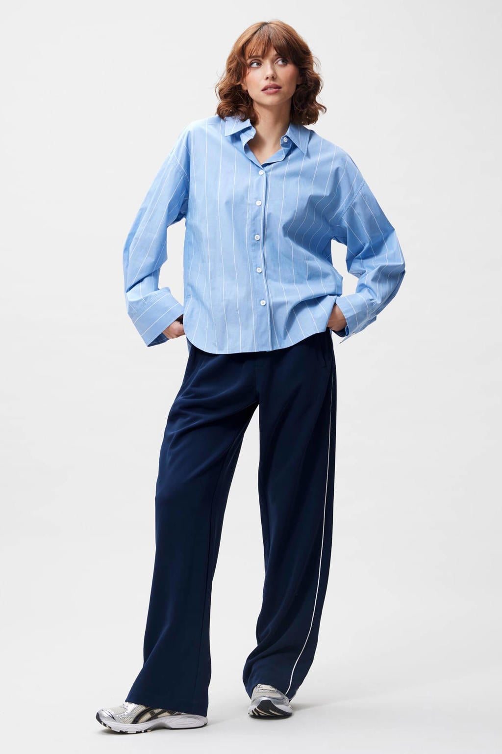 Blauw en witte dames Catwalk Junkie blouse van katoen met krijtstreepprint, lange mouwen, klassieke kraag en knoopsluiting
