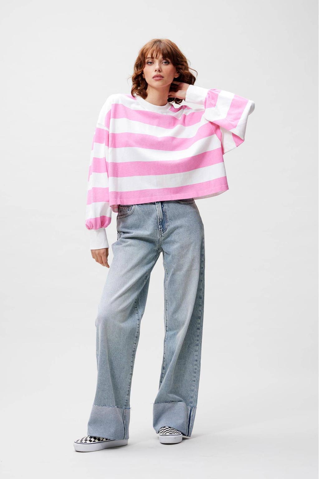 Wit en roze dames Catwalk Junkie gestreepte top met lange mouwen en ronde hals