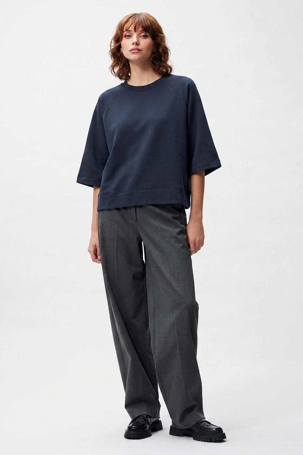 Donkerblauwe dames Catwalk Junkie sweater van katoen met effen, driekwart mouwen en ronde hals