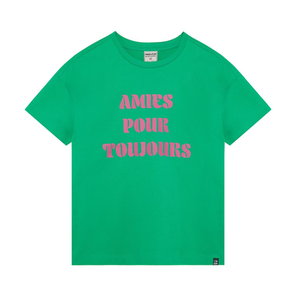 Groene meisjes Indian Blue Jeans T-shirt van katoen met tekst print, korte mouwen en ronde hals