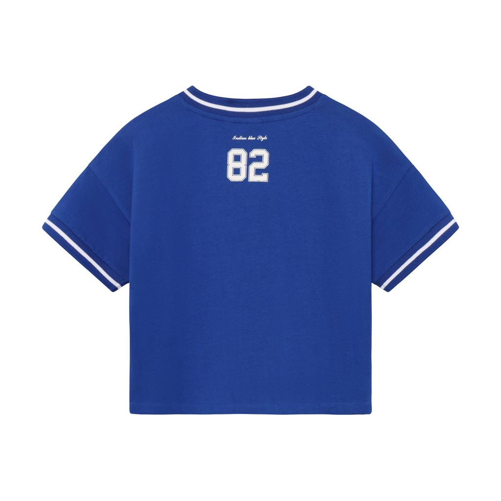 Blauwe meisjes Indian Blue Jeans T-shirt van stretchkatoen met printopdruk, korte mouwen en V-hals
