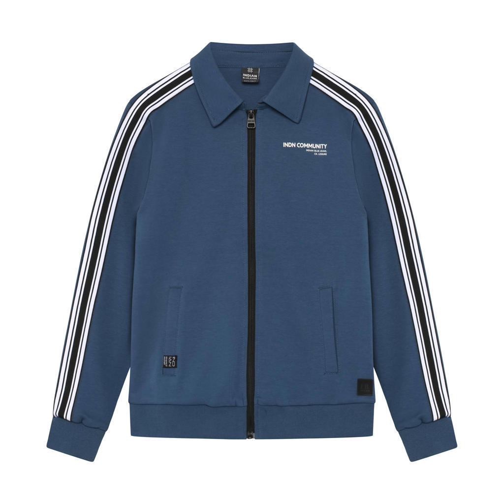 Blauwe jongens Indian Blue Jeans zomerjas van stretchkatoen met backprint, lange mouwen, klassieke kraag en ritssluiting