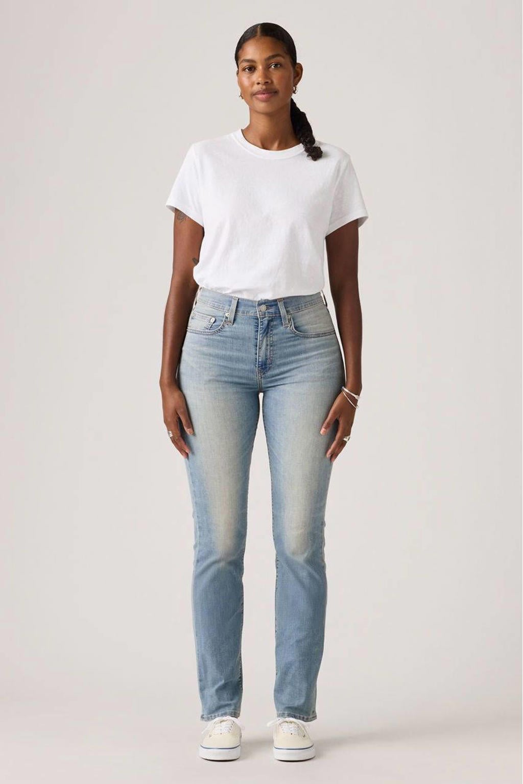 Medium blue denim dames Levi's high waist straight leg jeans van denim met rits- en drukknoopsluiting en effen