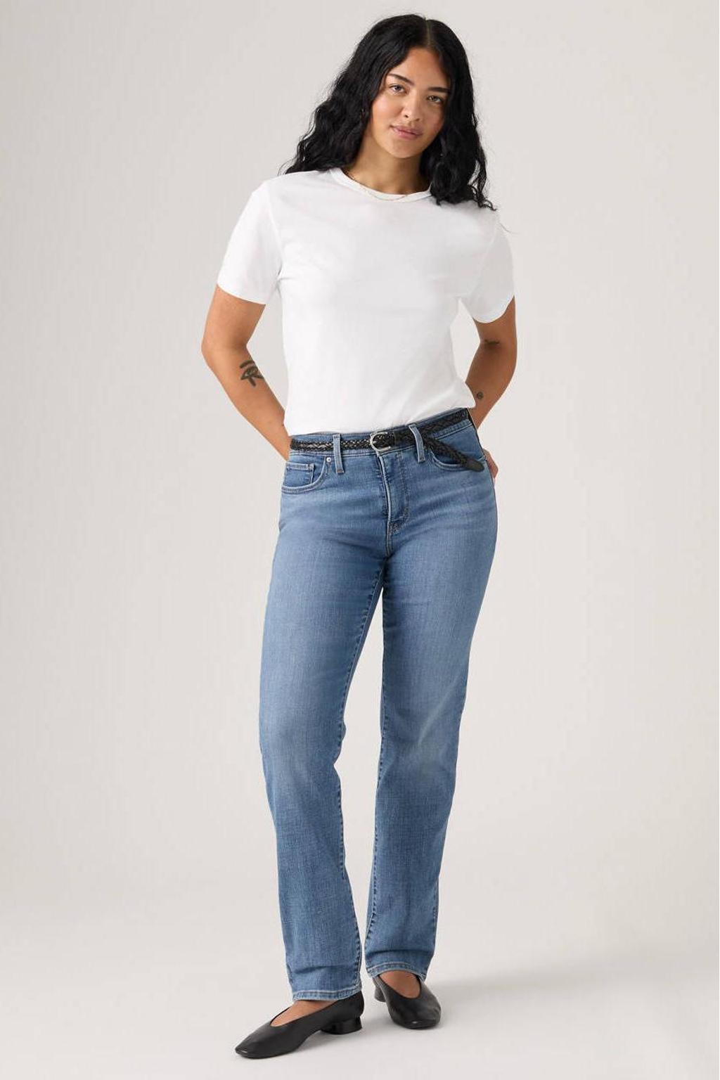Medium blue denim dames Levi's high waist straight leg jeans van denim met rits- en drukknoopsluiting en effen