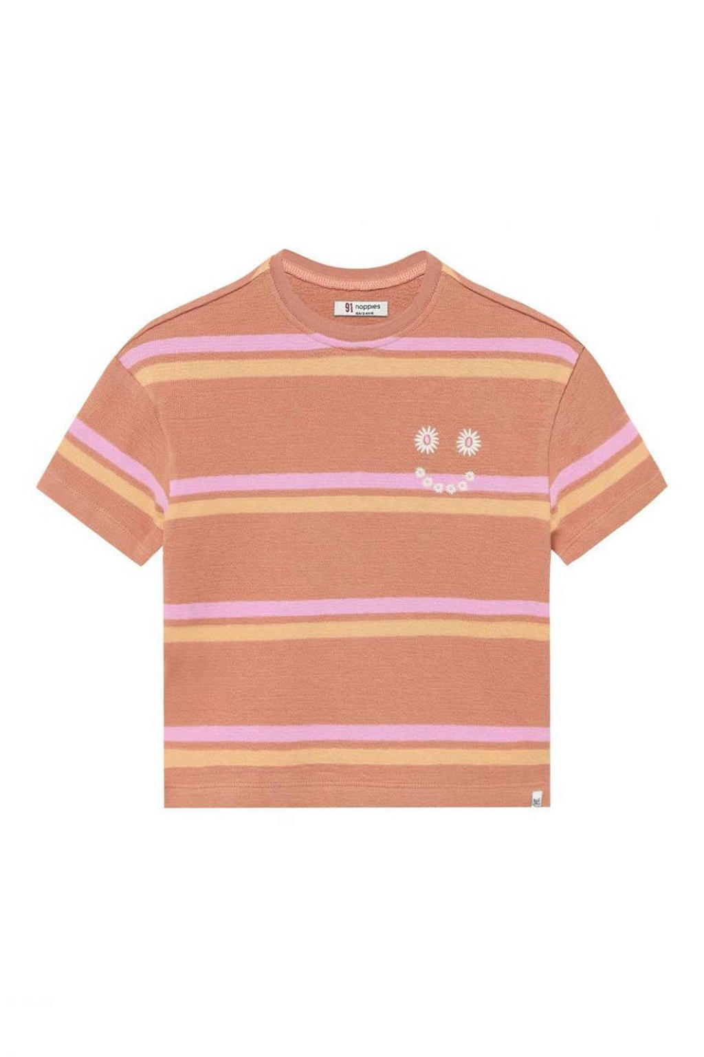Lichtbruin, geel en roze meisjes Noppies kids gestreepte T-shirt van katoen met korte mouwen, ronde hals en borduursels