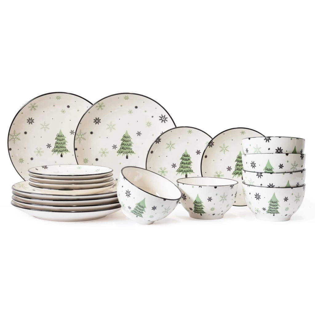 Cookinglife Serviesset - Kerstservies - Aardewerk - Groen 18-delig / 6 personen - 6 dinerborden, 6 ontbijtborden & 6 kommen