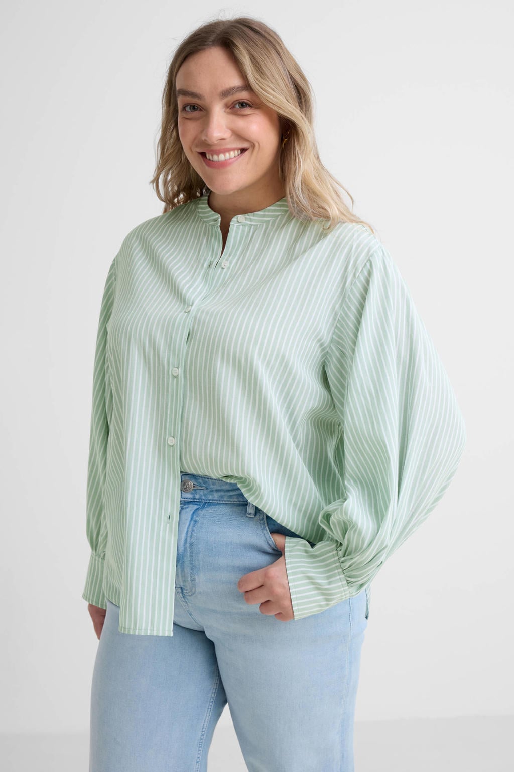 Groen en witte dames GREAT LOOKS blouse van katoen-polyester met strepenprint, lange mouwen, ronde hals, knoopsluiting en knoopdetail