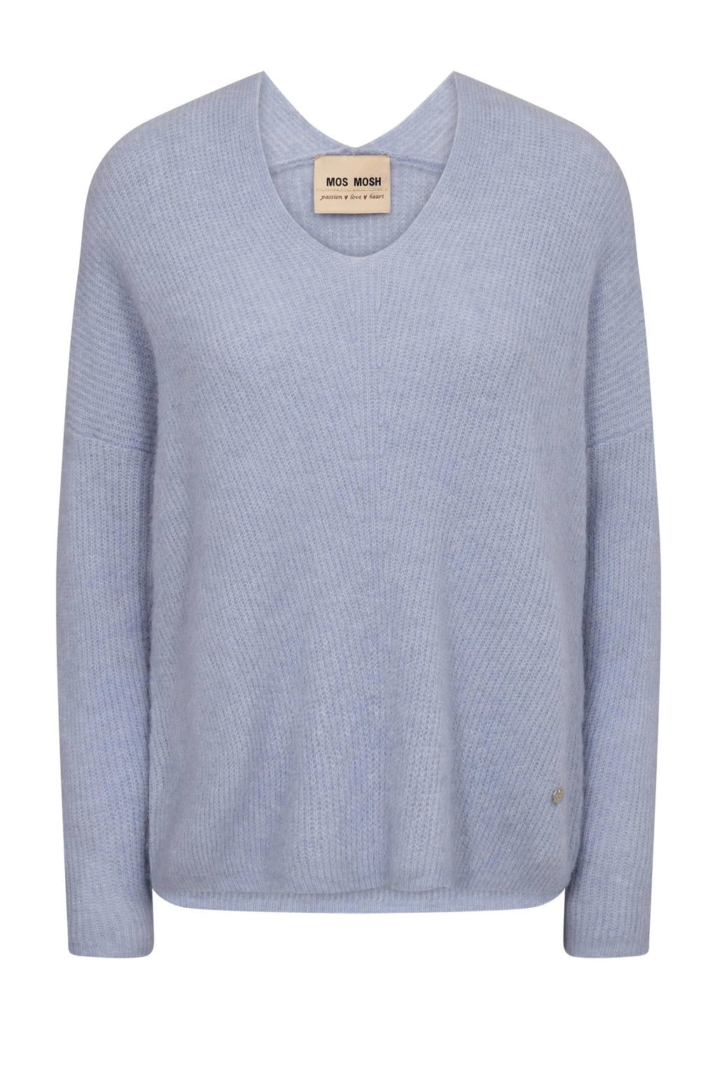 Lichtblauwe dames Mos Mosh pullover gebreid van wol met effen, lange mouwen en V-hals