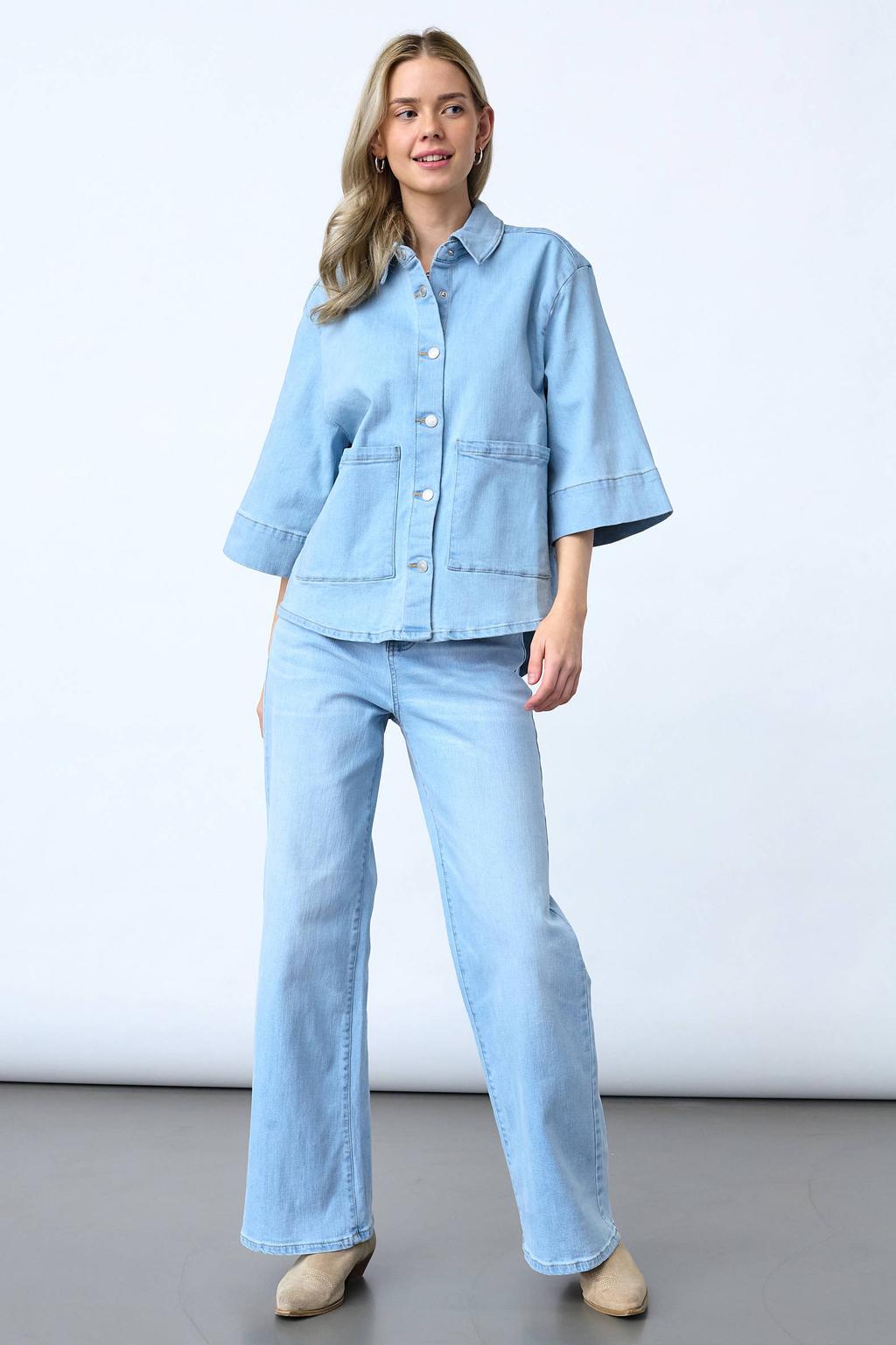 Light blue denim dames SisterS Point blouse van denim met effen, half lange mouwen, klassieke kraag en knoopsluiting