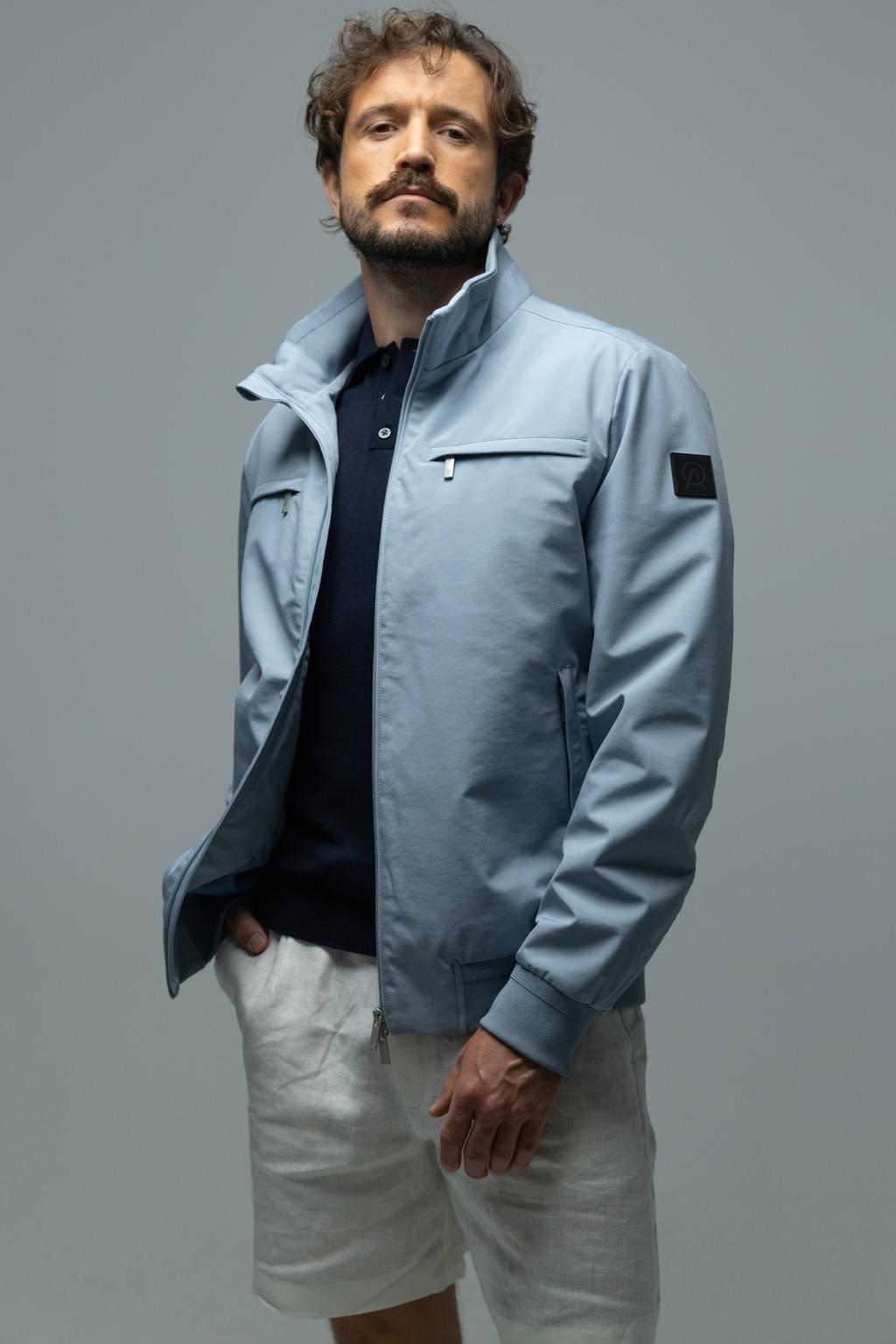 Blauwe heren Agiato zomerjas van polyester met effen, lange mouwen, opstaande kraag en ritssluiting