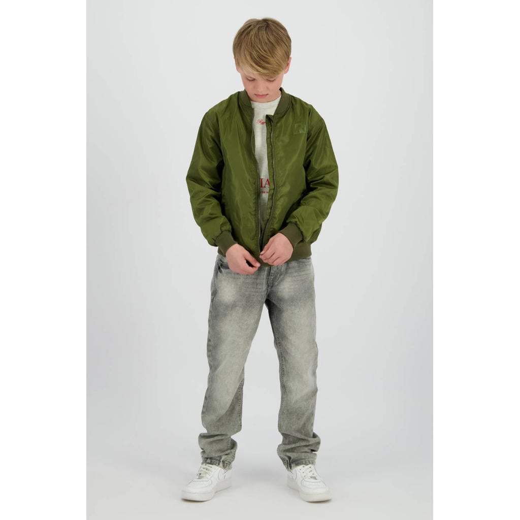 Groene jongens Raizzed bomberjack van polyester met effen, lange mouwen, ronde hals, ritssluiting en geribde boorden