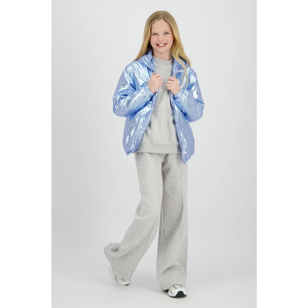 Lichtblauwe meisjes Raizzed zomerjas van polyester met effen, lange mouwen, capuchon, ritssluiting en glimmend detail