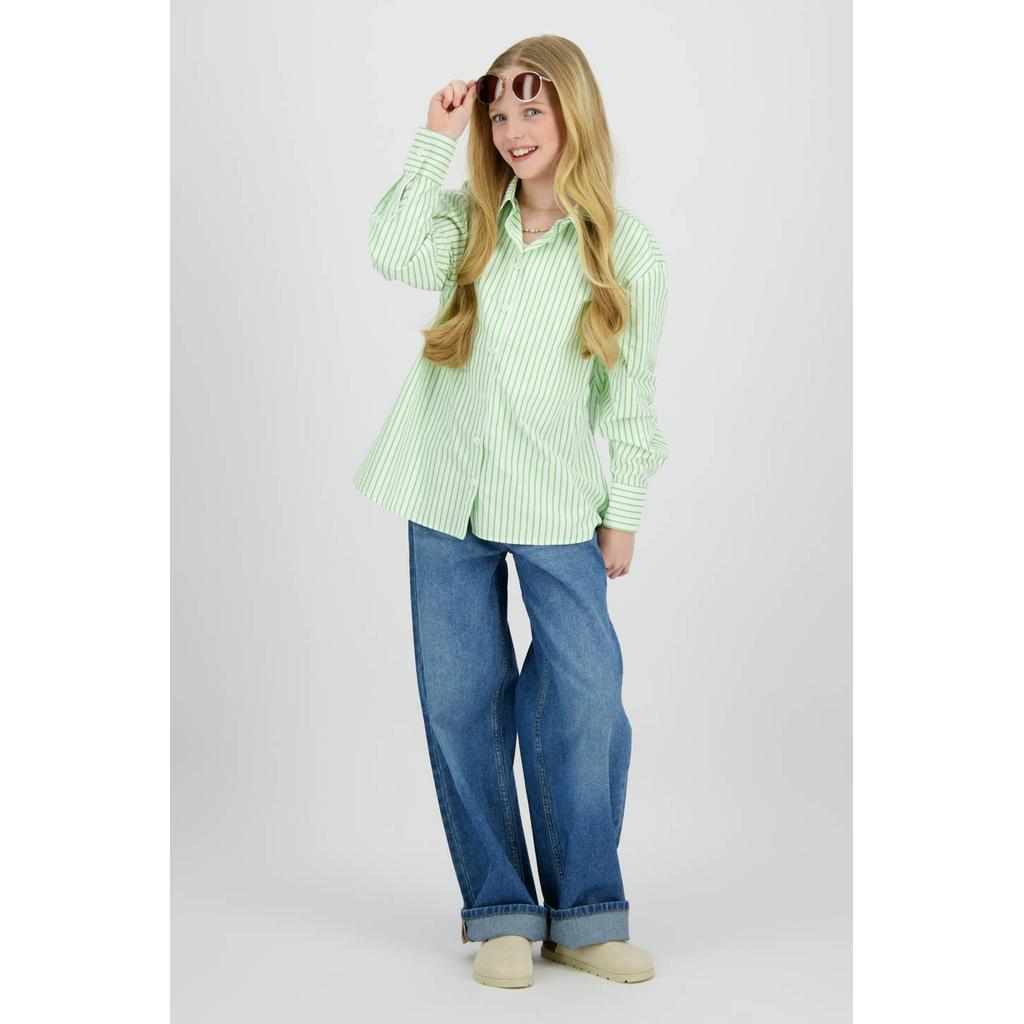 Groen en witte meisjes Raizzed gestreepte blouse van katoen met lange mouwen, klassieke kraag, knoopsluiting en strass steentjes