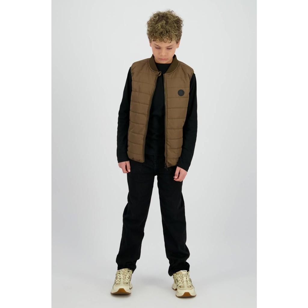 Bruine jongens Raizzed bodywarmer van polyester met effen, ronde hals en ritssluiting