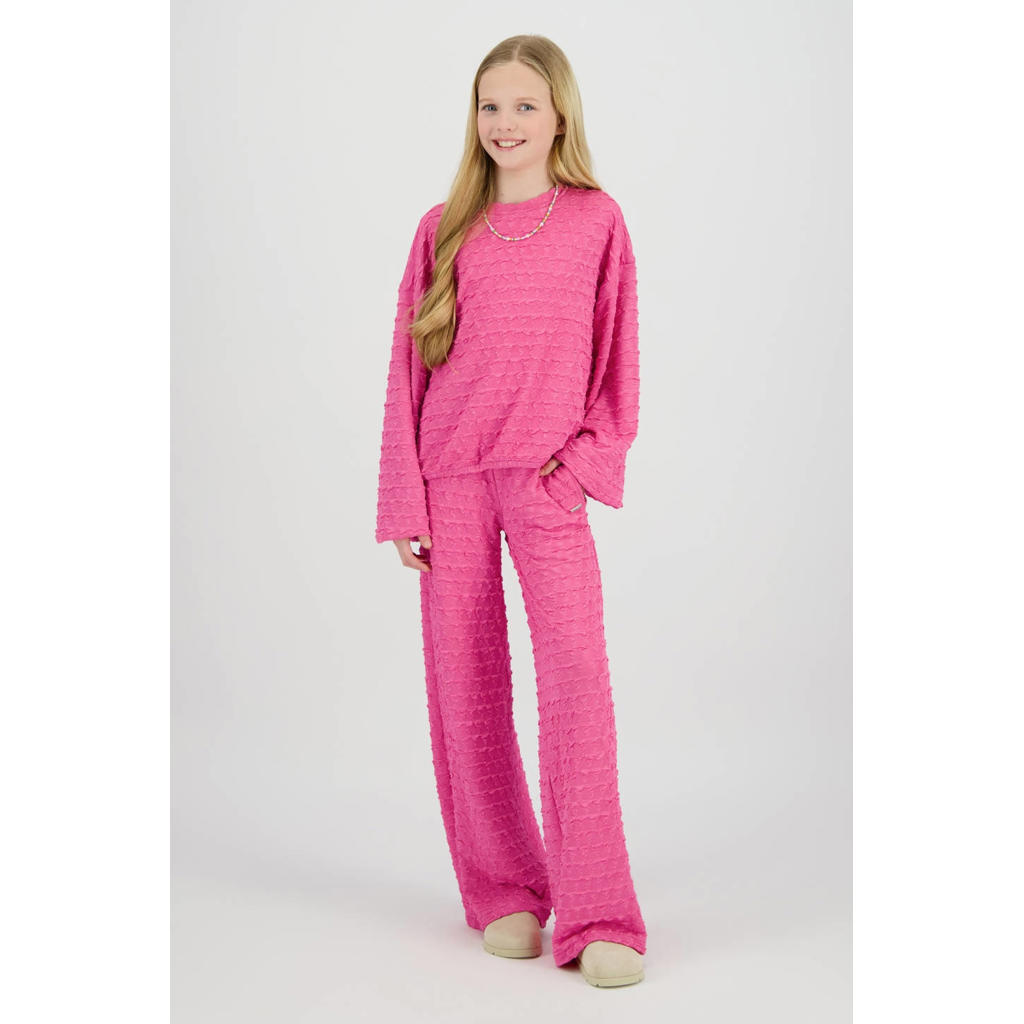 Roze meisjes Raizzed longsleeve van polyester met effen, lange mouwen, ronde hals en textuur