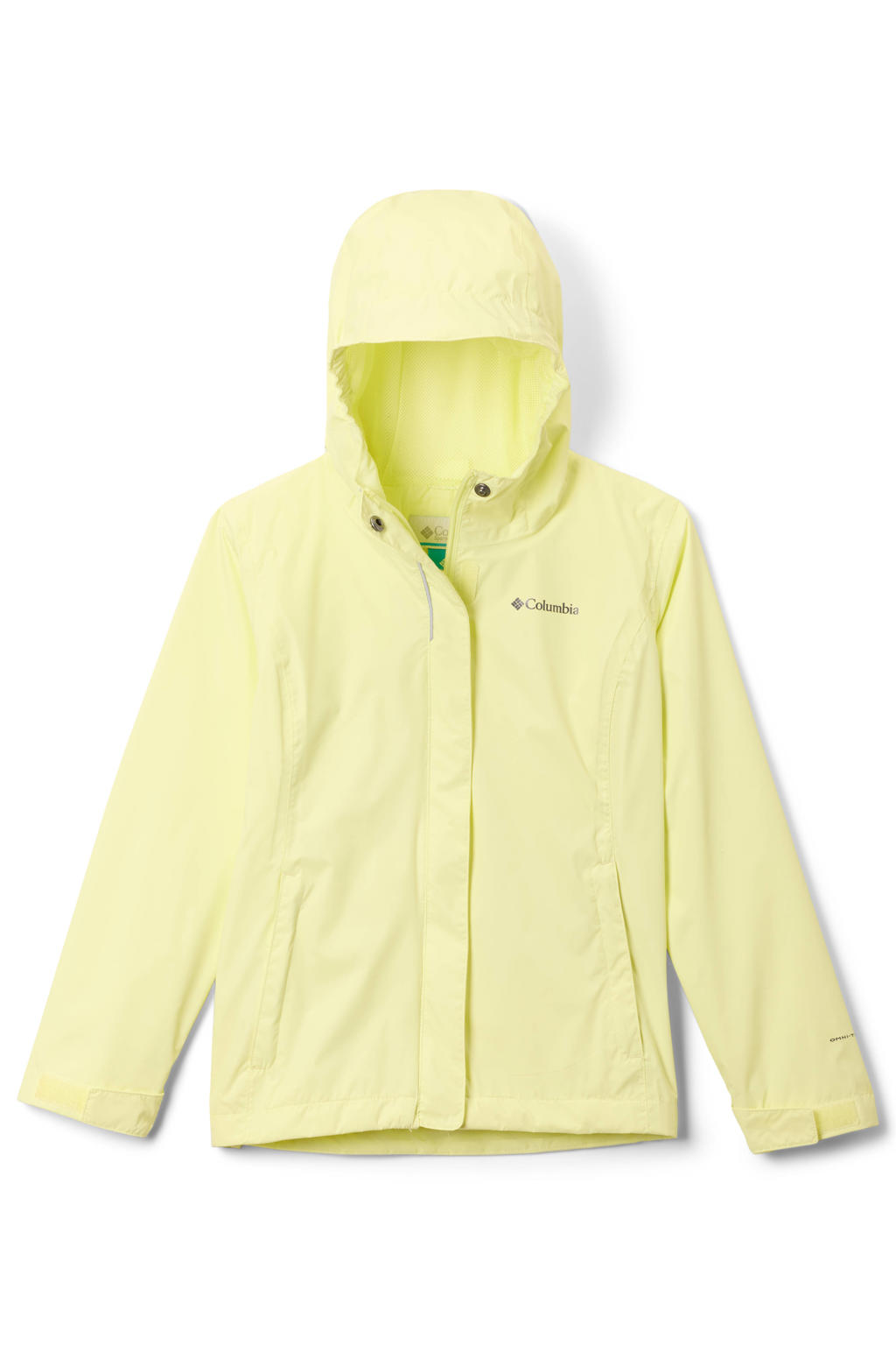 Gele jongens en meisjes Columbia jas Arcadia van nylon met effen, lange mouwen, capuchon en ritssluiting
