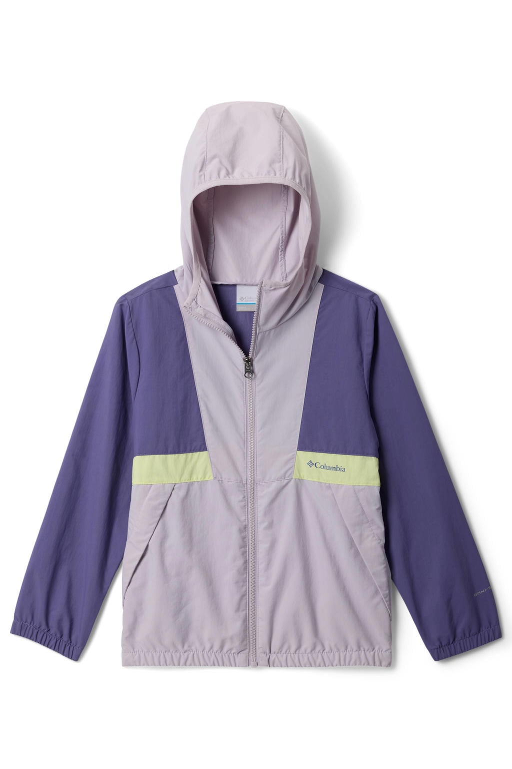 Paars, lila en gele jongens en meisjes Columbia jas Spire Valley van nylon met effen, lange mouwen, capuchon en ritssluiting